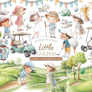 Pode incluir: Clipart em aquarela com ilustrações de crianças jogando golfe. A imagem inclui carrinhos de golfe, bolas de golfe, tacos de golfe e crianças em várias poses de golfe. O texto diz "Little Golfers" e "51 PNG / Commercial Use."