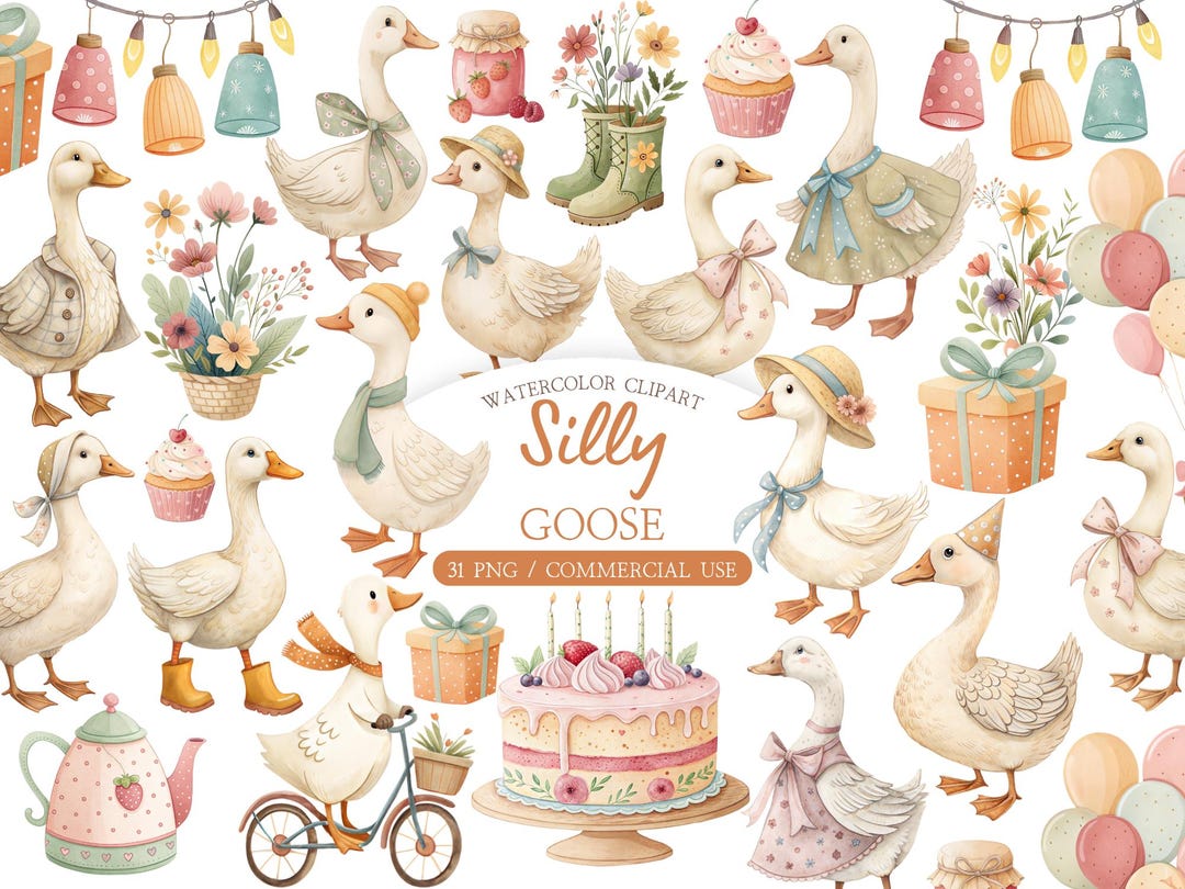 Watercolor Silly Goose Clipart Bundle – Birthday Balloon and Baby Goose ...