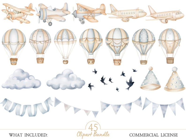 Watercolor Air Transport Clipart – up up and Away Hot Air Balloon and ...