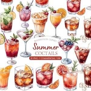 May include: A watercolour illustration of a variety of summer cocktails, such as mojitos and martinis, garnished with fruit and herbs. The image includes the text "Summer Cocktails" and "21 PNG / Commercial Use".
