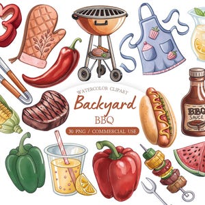May include: Watercolor clipart illustration of backyard BBQ items. Includes a grill, steak, hot dog, vegetables, condiments, and a pitcher of lemonade. The text "Backyard BBQ" is displayed.