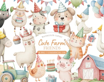 Farm Birthday Clipart Bundle: Cute Watercolor Barnyard Animals PNG ...