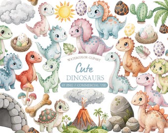 Può includere: Clipart ad acquerello con una collezione di simpatici dinosauri in vari colori, tra cui rosa, blu e verde. L'immagine include un sole, uova, un vulcano e il testo "Cute DINOSAURS".