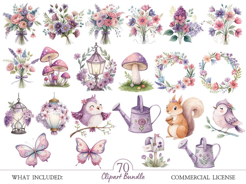 Purple Watercolor Fairy Clipart Bundle – Enchanted Forest House and ...
