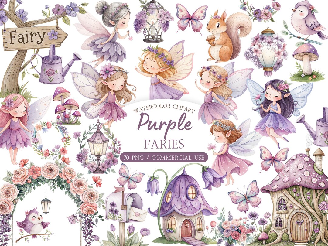 Purple Watercolor Fairy Clipart Bundle – Enchanted Forest House and ...