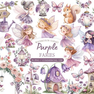 May include: Watercolor clipart featuring purple fairies, butterflies, and floral elements. The image includes fairies with wings, a fairy house, a mailbox, and a sign that says "Fairy". The text "Purple Faries" is also visible.
