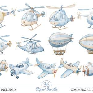 K&ouml;nnte beinhalten: Aquarellillustrationen verschiedener Flugzeuge, darunter Hubschrauber, Flugzeuge und Luftschiffe, in Blau-, Beige- und Wei&szlig;t&ouml;nen. Das Bild enth&auml;lt den Text "36 Clipart Bundle" und "Commercial License".