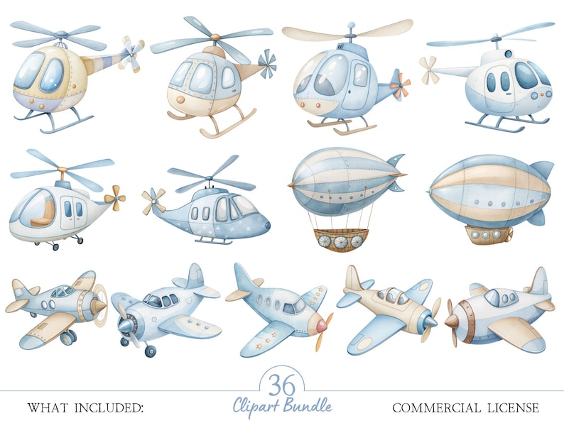 K&ouml;nnte beinhalten: Aquarellillustrationen verschiedener Flugzeuge, darunter Hubschrauber, Flugzeuge und Luftschiffe, in Blau-, Beige- und Wei&szlig;t&ouml;nen. Das Bild enth&auml;lt den Text "36 Clipart Bundle" und "Commercial License".