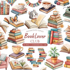 Könnte beinhalten: Aquarell-Clipart mit Büchern, Teetassen, einer Schreibmaschine und einem Sessel. Der Text "BookLover CLUB" und "45 PNG / COMMERCIAL USE" ist enthalten. Die Illustrationen sind in sanften Pastelltönen gehalten, ideal für Bücherliebhaber.