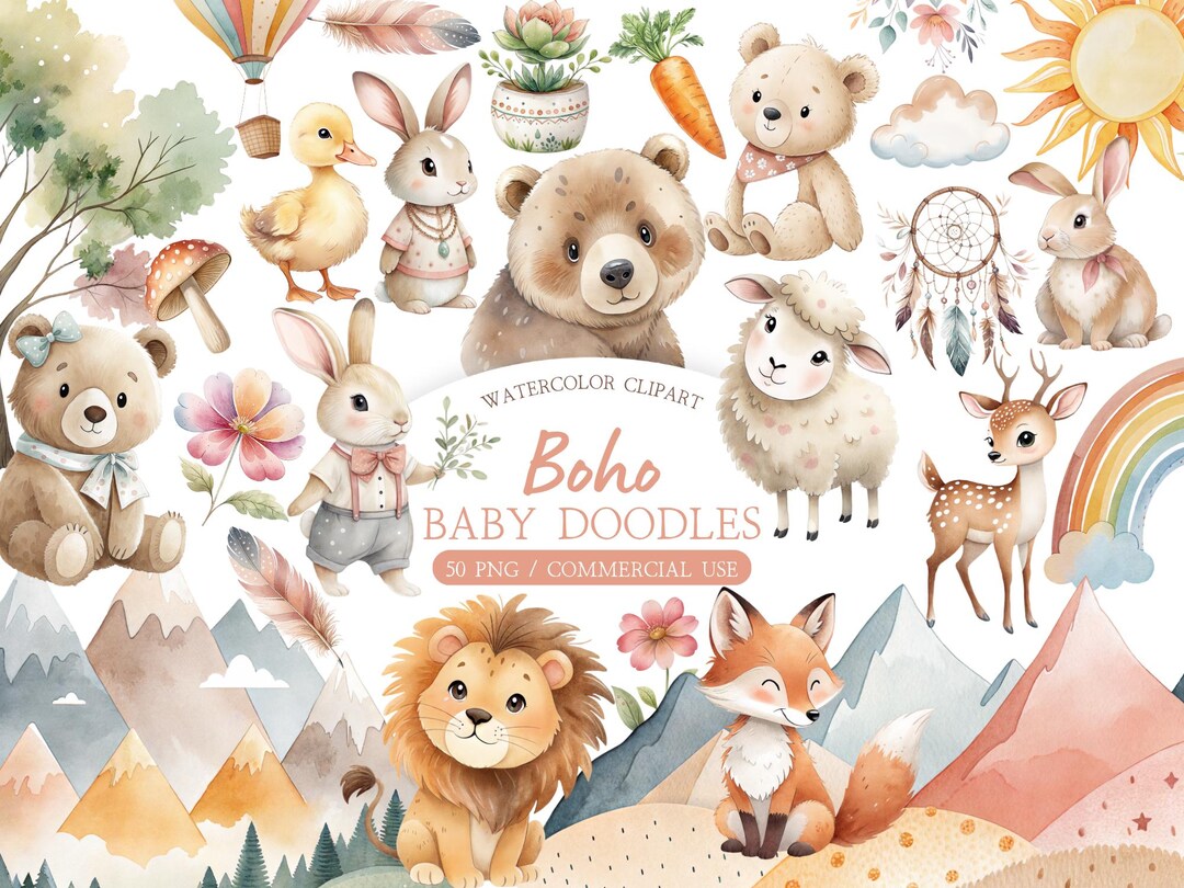 Watercolor Boho Baby Clipart Bundle – Neutral Nursery Animals and ...
