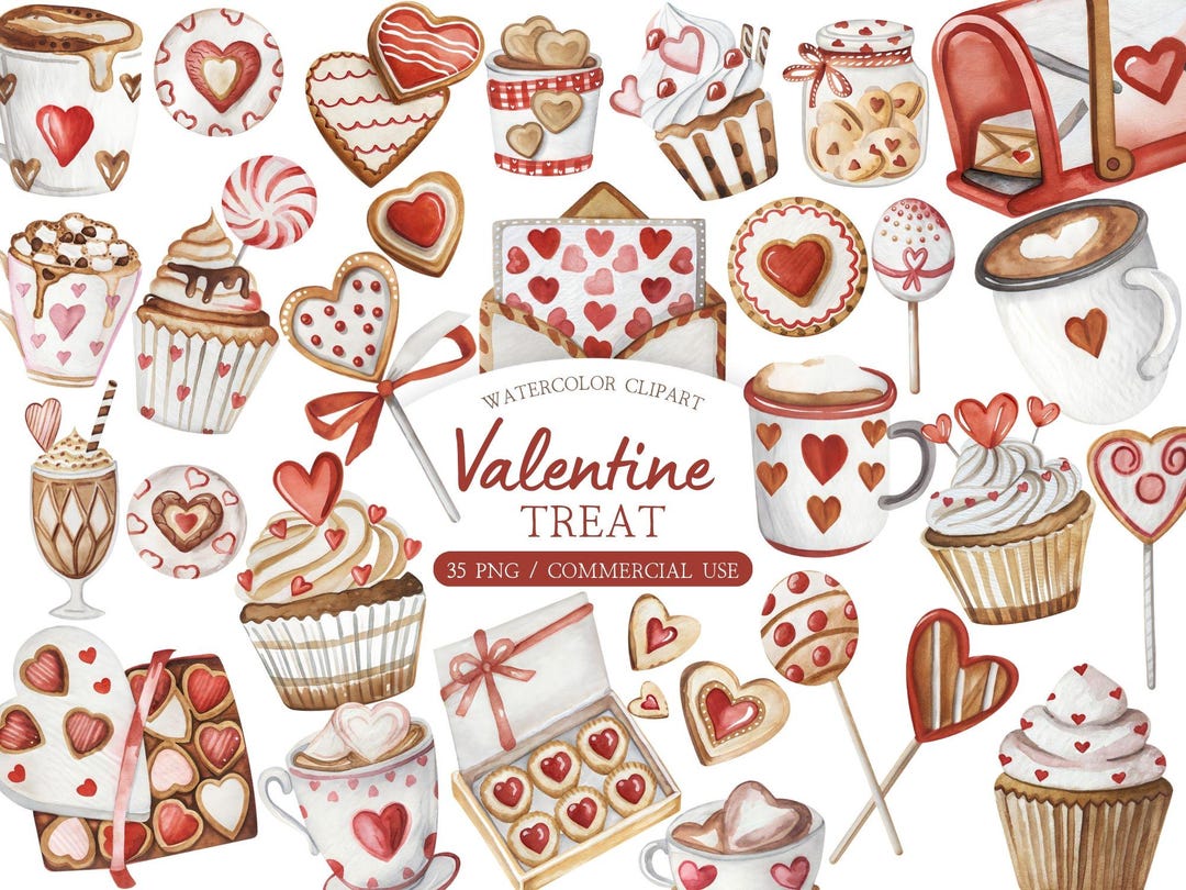 Valentin Sweets Graphics Watercolor Valentine Sweets Clipart – Red Popcorn Cake and Baking ...