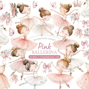 Op de afbeelding: Waterverf clipart met meerdere illustraties van roze ballerina's in verschillende poses, met kronen, tutu's en balletschoenen. De afbeelding bevat vlinders, zwanen, strikken en de tekst "Pink Ballerina".