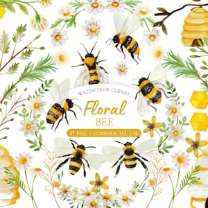 Puede incluir: Clipart de acuarela con abejas, margaritas y elementos de panal. La imagen incluye el texto "Floral Bee" y "37 PNG / Commercial Use". Las abejas tienen rayas negras y amarillas. El tema general es la naturaleza y las flores.
