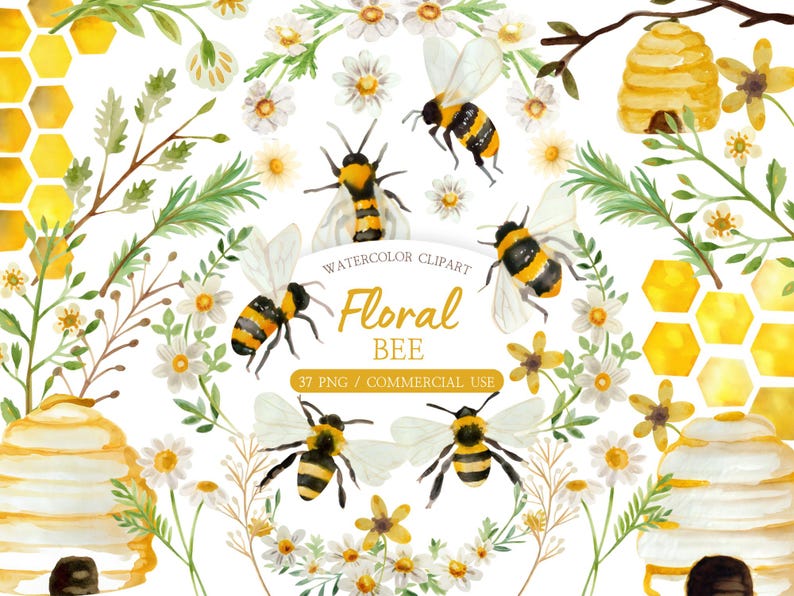 Watercolor Floral Bee Clipart Bundle – Honey Hive and Bumblebee PNG ...