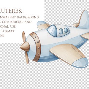 K&ouml;nnte beinhalten: Aquarell-Illustration eines hellblauen und wei&szlig;en Flugzeugs mit beigefarbenen Fl&uuml;geln und Propeller. Das Bild enth&auml;lt den Text "FEAUTERES: TRANSPARENT BACKGROUND, FREE COMMERCIAL AND PERSONAL USE, PNG FORMAT, 300 DPI."