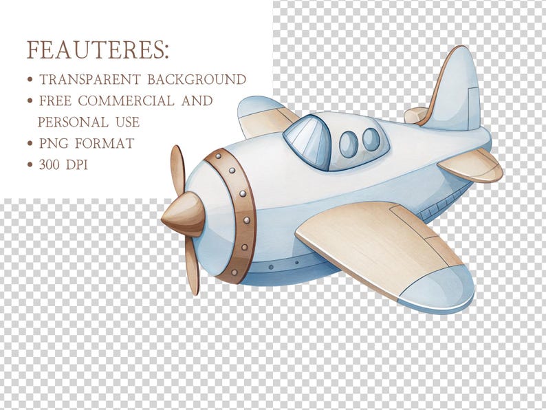 K&ouml;nnte beinhalten: Aquarell-Illustration eines hellblauen und wei&szlig;en Flugzeugs mit beigefarbenen Fl&uuml;geln und Propeller. Das Bild enth&auml;lt den Text "FEAUTERES: TRANSPARENT BACKGROUND, FREE COMMERCIAL AND PERSONAL USE, PNG FORMAT, 300 DPI."