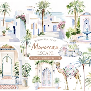May include: A watercolour clipart set labelled "Moroccan Escape", depicting Moroccan scenes with white buildings, blue doors, palm trees, and a camel. The illustrations include a fountain and tea set. The set contains 37 PNG files for commercial use.