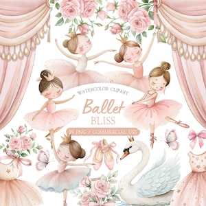 Puede incluir: Ilustración de acuarela con bailarinas de ballet en tutús rosas, coronas y zapatillas de ballet. La imagen incluye un cisne, rosas, mariposas y el texto "Ballet Bliss". El tema general es suave y femenino.