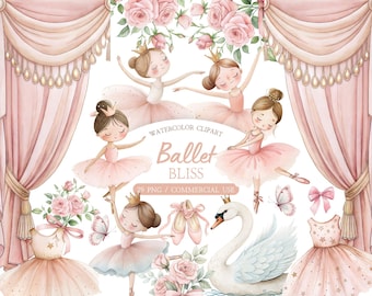 Akvarell ballerina clipart set: Rosa balettdansare PNG-illustrationer - digital nedladdning
