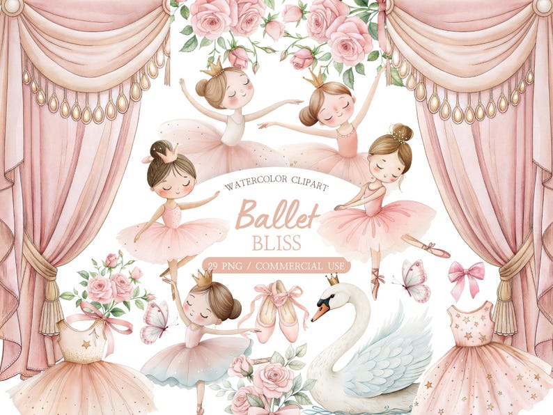 Watercolor Ballerina Clipart Set: Pink Ballet Dancers PNG Illustrations ...