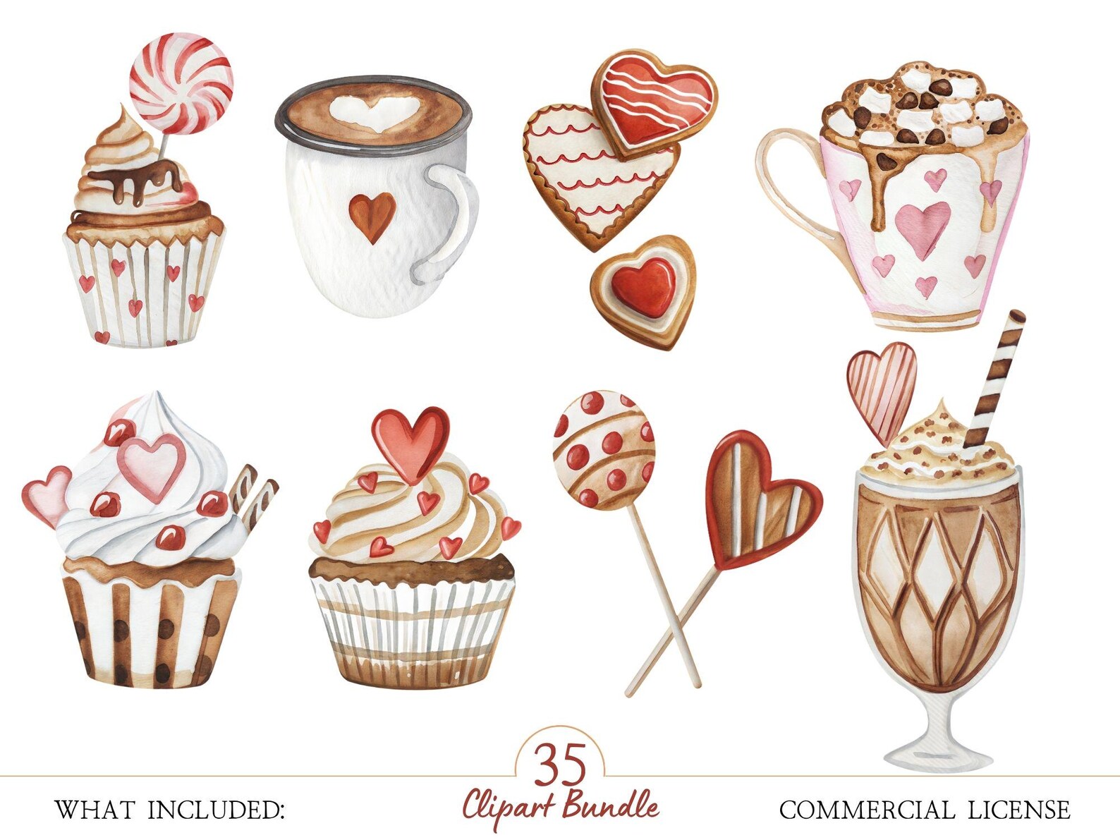 Valentin Sweets Graphics Watercolor Valentine Sweets Clipart – Red Popcorn Cake and Baking ...