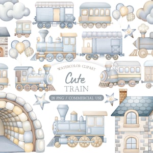 Könnte beinhalten: Aquarell-Cliparts mit verschiedenen Illustrationen von Zügen, Waggons, Häusern, Wolken, Sternen und Luftballons in sanften Blau-, Beige- und Grautönen. Der Text "Cute Train" ist ebenfalls im Bild enthalten.