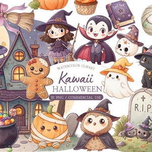 Puede incluir: Una colección de ilustraciones en acuarela de Halloween que incluye una casa embrujada, una bruja, un vampiro, un hombre de jengibre, un fantasma, un gato negro, un búho, una calabaza momia, una lápida, un caldero y el texto Kawaii HALLOWEEN.