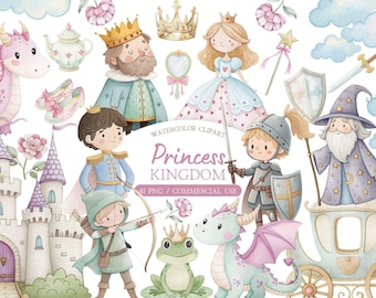 May include: Watercolor clipart with a princess theme. Includes a princess, prince, knight, wizard, dragon, frog, castle, and other fantasy elements. The text "Princess Kingdom" is also included in the image.