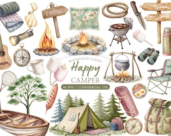 Aquarell Retro Camper Clipart Bundle - Vintage Wohnwagen und Van Life PNG (kommerzielle Nutzung)