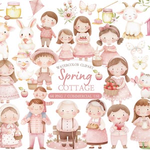May include: Watercolor clipart set featuring a spring cottage theme. The image includes illustrations of children, animals, and various spring elements in soft pastel colors. The text "Spring Cottage" is displayed prominently.
