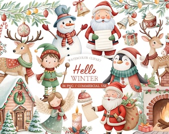 Peut inclure: Clipart aquarelle avec des personnages d'hiver festifs, dont le Père Noël, un bonhomme de neige, des rennes et un elfe. L'image comprend le texte "Hello Winter" et divers éléments de vacances comme des cloches, des ornements et une cheminée chaleureuse. 34 PNG / Commercial Use.