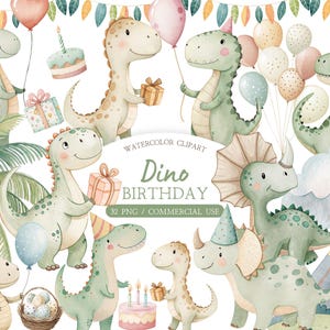 Op de afbeelding: Waterverf illustratie van verschillende dinosaurussen met feesthoeden, ballonnen en cadeaus. De dinosaurussen zijn in tinten groen, beige en roze, met een verjaardagstaart en een vulkaan op de achtergrond. De tekst "Dino Birthday" is ook zichtbaar.
