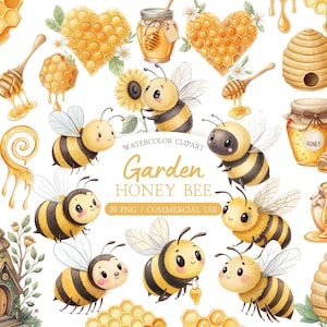 May include: Watercolor clipart featuring bees, honeycombs, honey jars, and honey dippers. The image includes the text "Garden Honey Bee" and "39 PNG / Commercial Use". The illustrations are in shades of yellow, brown, and white.