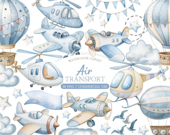 Flugzeug Clipart Set: Heißluftballon und Helikopter Illustrationen (PNG Bundle)