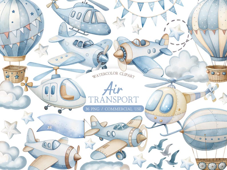 K&ouml;nnte beinhalten: Aquarell-Illustration mit Lufttransportmitteln in Blau- und Beiget&ouml;nen. Das Bild zeigt Flugzeuge, Hubschrauber, Hei&szlig;luftballons und dekorative Elemente wie Sterne und Wolken. Der Text "Air Transport" ist ebenfalls enthalten.