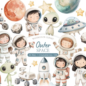 Puede incluir: Clipart de acuarela con astronautas, extraterrestres, planetas, cohetes y un vehículo lunar. Se muestra el texto "Outer Space". Las ilustraciones son en colores pastel suaves, perfectas para diseños infantiles y proyectos temáticos espaciales.