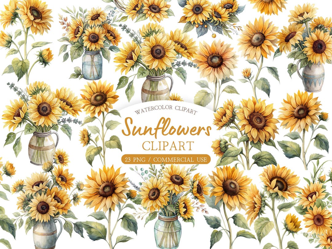 Watercolor Sunflower Clipart Bundle – Boho Floral Bouquet and Wedding ...