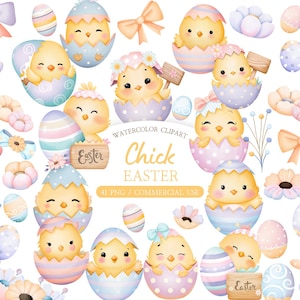 Puede incluir: Clipart de acuarela con adorables pollitos amarillos saliendo de huevos de colores pastel. La imagen incluye lazos, flores y el texto "Chick Easter". Perfecto para manualidades y diseños con temática de Pascua.