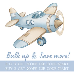 K&ouml;nnte beinhalten: Aquarell-Illustration eines hellblauen und beigefarbenen Flugzeugs mit drehendem Propeller. Das Flugzeug hat abgerundete Fl&uuml;gel und ein detailliertes Cockpit. Der Text "Bulk up & Save more!" steht darunter.