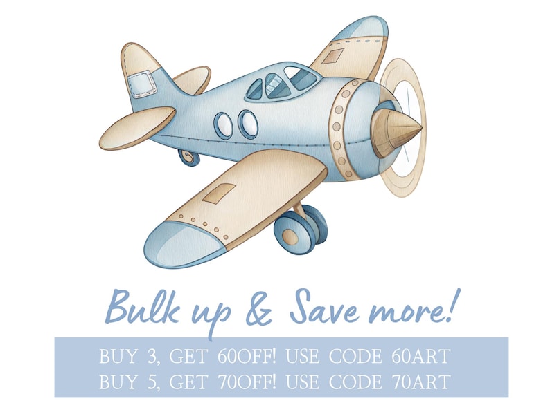 K&ouml;nnte beinhalten: Aquarell-Illustration eines hellblauen und beigefarbenen Flugzeugs mit drehendem Propeller. Das Flugzeug hat abgerundete Fl&uuml;gel und ein detailliertes Cockpit. Der Text "Bulk up & Save more!" steht darunter.