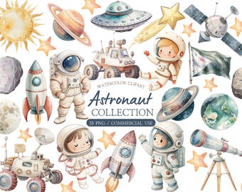 Könnte beinhalten: Aquarell-Clipart-Kollektion mit Astronauten, Raketen, Planeten und Weltraumelementen. Enthält eine Sonne, Sterne, einen Satelliten und einen Rover. Der Text lautet "Astronaut Collection" und "53 PNG / COMMERCIAL USE".