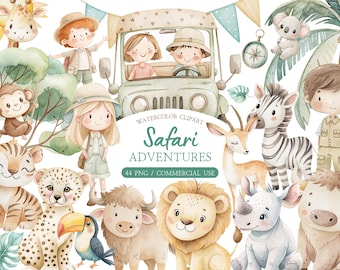 Watercolor Safari Animals Clipart Bundle – Baby Wild One Elements and Jeep (Digital Download)