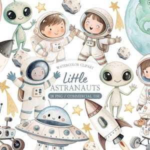 May include: Watercolour clipart showing illustrations of astronauts, aliens, rockets, planets, and a rover. The text "Little Astranauts" is displayed. The illustrations are in soft pastel colours, creating a whimsical and playful theme.