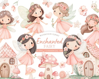 Verzauberte Fee Clipart Bundle: Aquarell Rosa Feengarten PNG Set - Digital Download