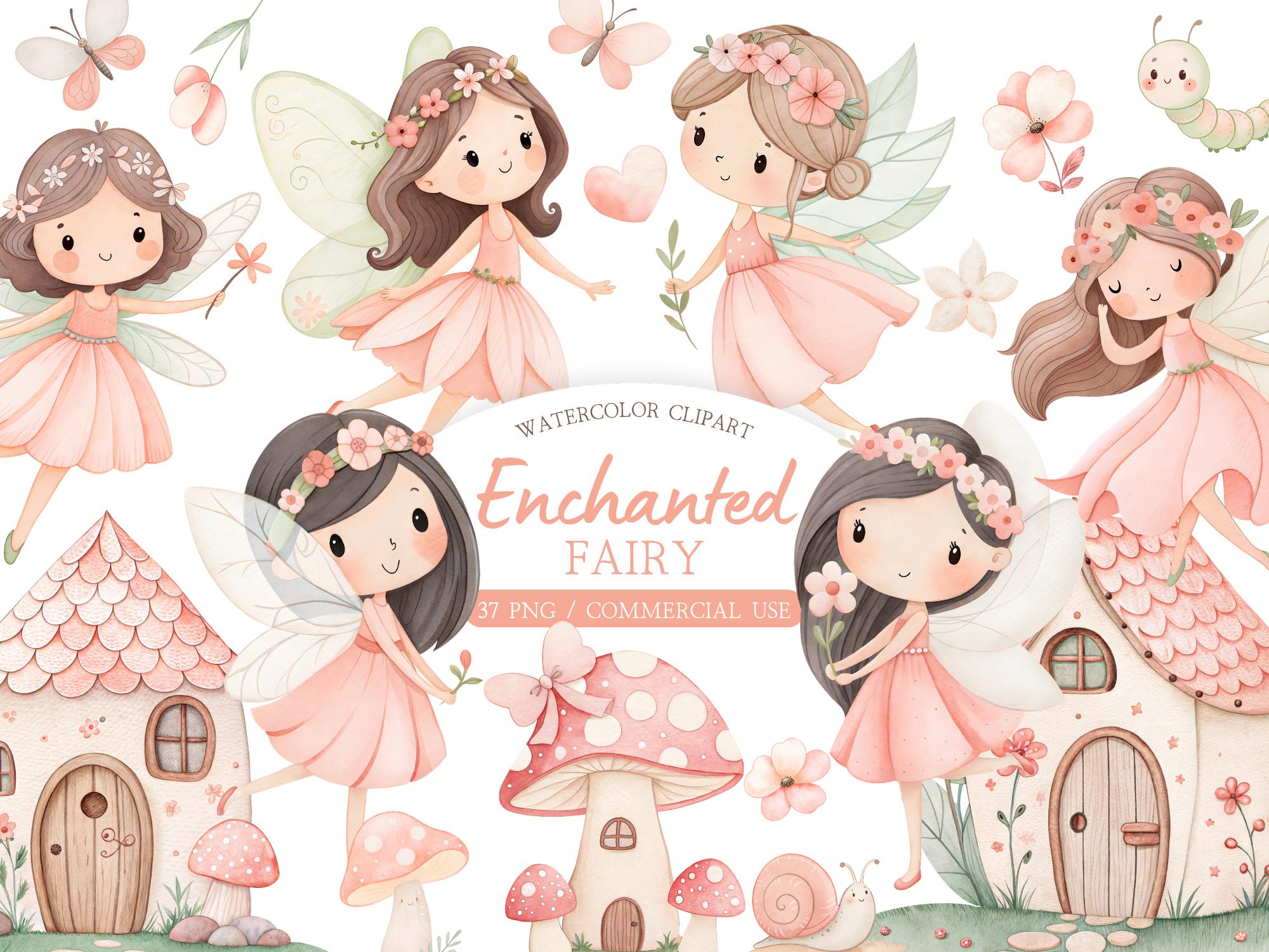 Enchanted Fairy Clipart Bundle: Watercolor Pink Fairy Garden PNG Set ...
