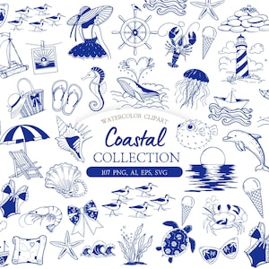 May include: A collection of blue and white watercolor coastal clipart illustrations. The image includes various nautical elements such as seashells, a lighthouse, a sailboat, and a seahorse. The text "Coastal Collection" is also present.