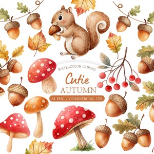 Pode incluir: Conjunto de cliparts em aguarela com um esquilo castanho a segurar uma bolota, vários cogumelos vermelhos e cor de laranja, bolotas castanhas com chapéus texturados, folhas de carvalho em cores de outono e bagas vermelhas, com o texto Cutie AUTUMN 24 PNG / COMMERCIAL USE.