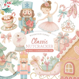Puede incluir: Conjunto de imágenes prediseñadas de acuarela con temática clásica de Cascanueces. La imagen incluye una bailarina, un soldado cascanueces, un árbol de Navidad, una casa de jengibre y otros elementos festivos en colores pastel suaves. El texto dice "Classic Nutcracker".
