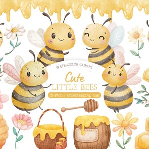 Puede incluir: Ilustración de acuarela de adorables abejas de dibujos animados con rayas amarillas y negras, alas y caras sonrientes. La imagen incluye panales, flores, un cucharón de miel y una cesta llena de miel. El texto dice "Cute Little Bees".