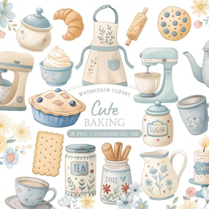 May include: Watercolor clipart featuring baking-themed illustrations. Includes a stand mixer, pie, croissant, rolling pin, and a variety of kitchenware. The text "Cute Baking" is displayed. The color palette is soft, with pastel blues, yellows, and creams.